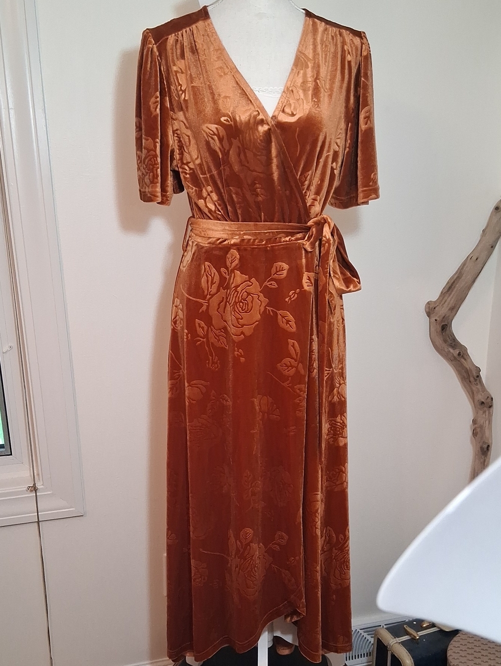 Simplee Apparel Copper Floral Velvet Faux Wrap Maxi Dress